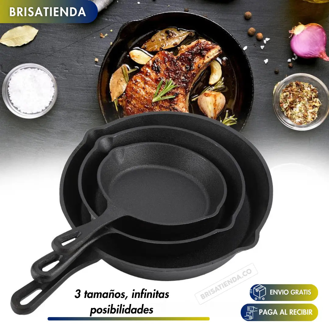 Set X 3 Sartenes De Hierro Fundido ChefCast + Guía de Curado y Recetario