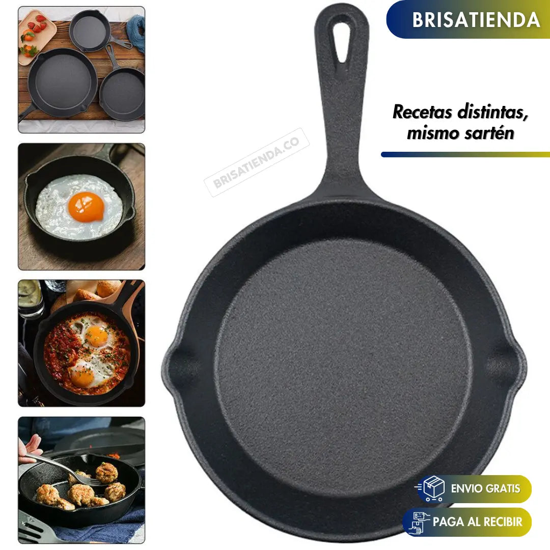 Set X 3 Sartenes De Hierro Fundido ChefCast + Guía de Curado y Recetario