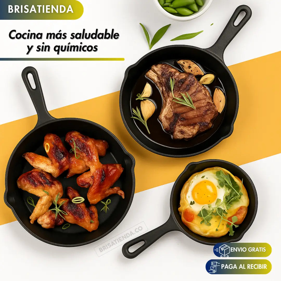 Set X 3 Sartenes De Hierro Fundido ChefCast + Guía de Curado y Recetario