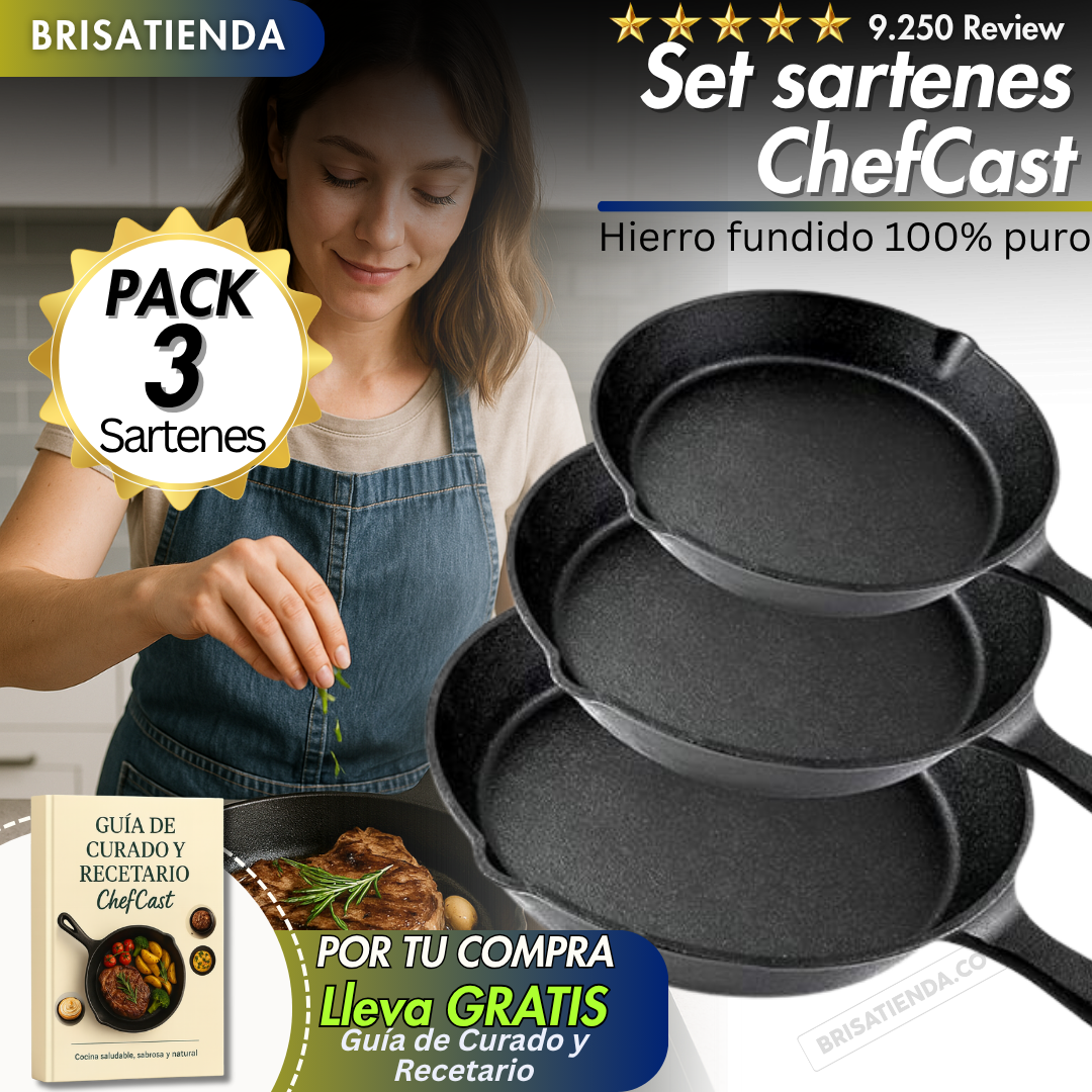 Set X 3 Sartenes De Hierro Fundido ChefCast + Guía de Curado y Recetario
