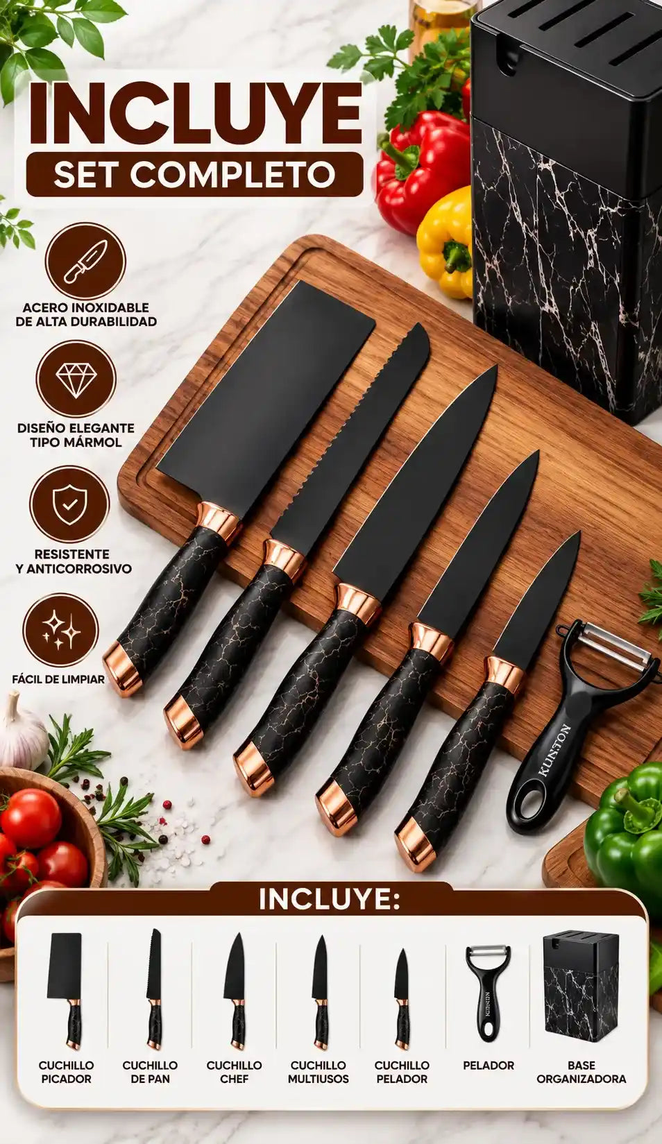 Set de 7 Piezas Cuchillos tipo Marmol Imperial