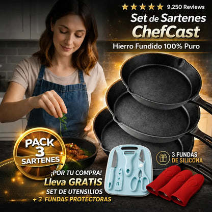 Set X 3 Sartenes De Hierro Fundido ChefCast +SET DE UTENSILIOS + 3 FUNDAS  GRATIS