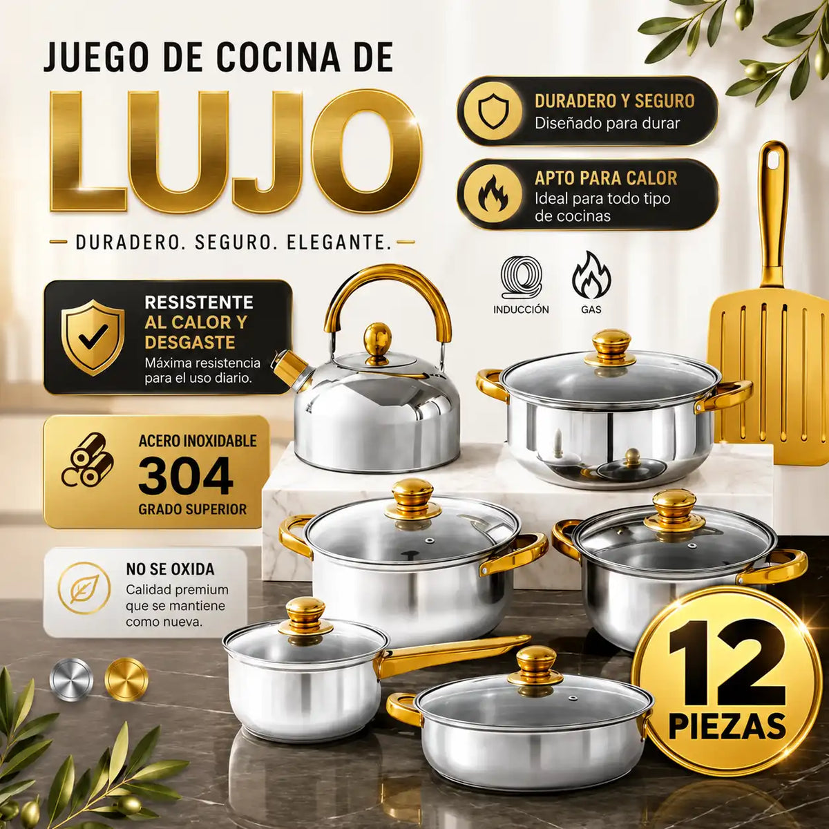 Juego de cocina GoldenChef de 12 piezas en acero inoxidable 304, apto para inducción y gas