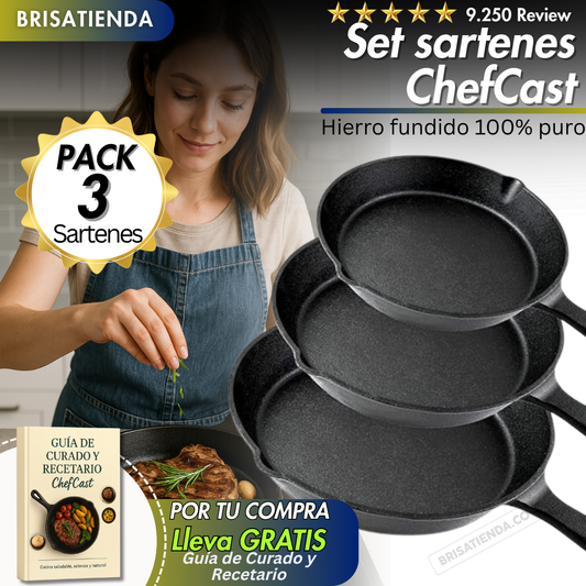 Set X 3 Sartenes De Hierro Fundido ChefCast + Guía de Curado y Recetario