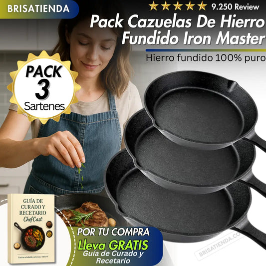 Pack Cazuelas De Hierro Fundido Iron Master + Guía de Curado y Recetario