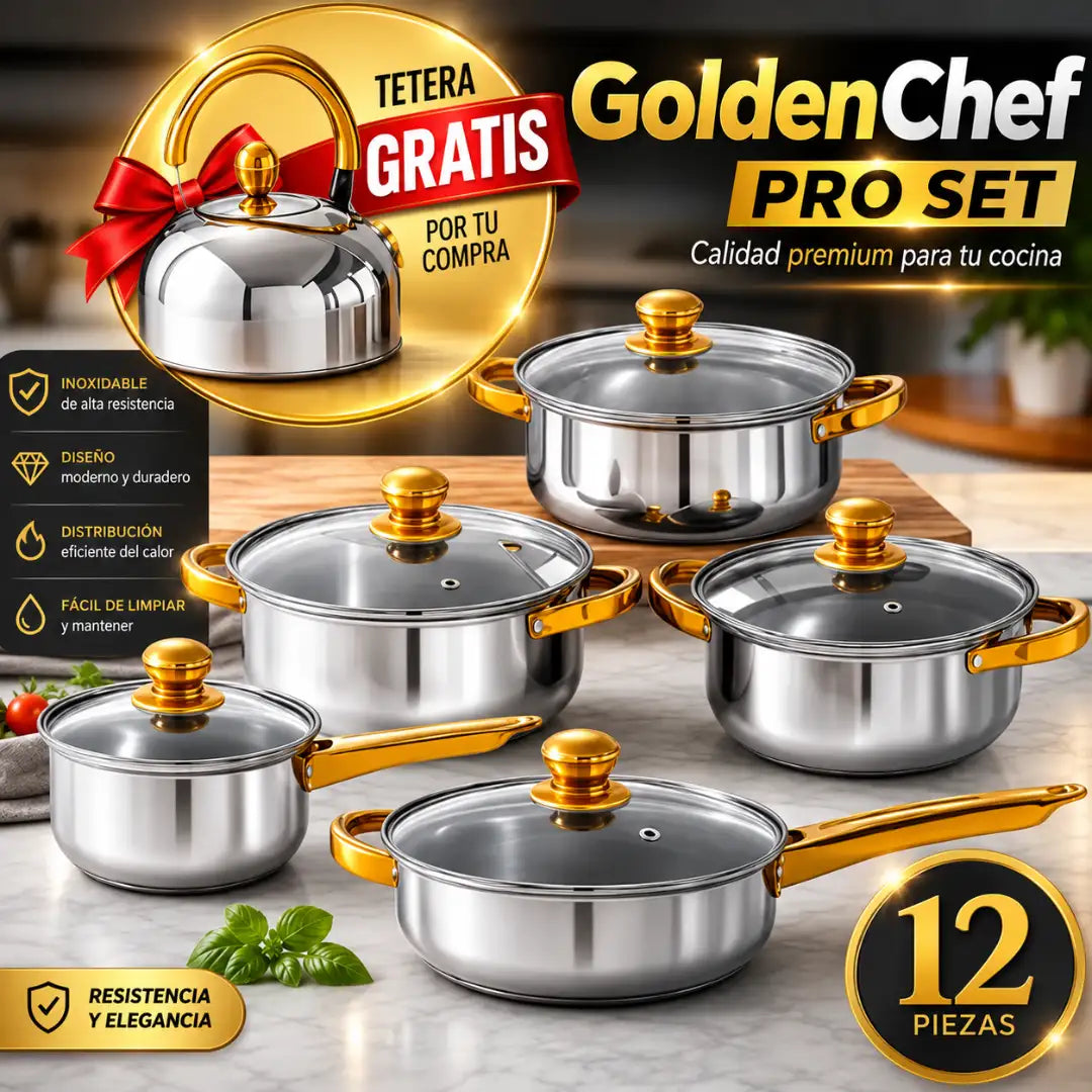GoldenChef Pro Set de 12 piezas en acero inoxidable con mangos dorados y tetera de regalo
