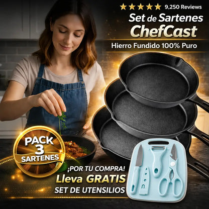 Set X 3 Sartenes De Hierro Fundido ChefCast +SET DE UTENSILIOS + 3 FUNDAS  GRATIS