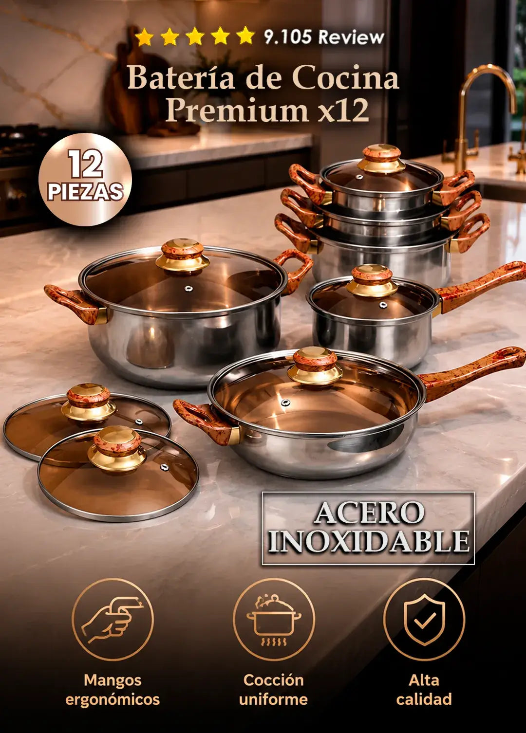 Bateria de cocina premium de 12 piezas en acero inoxidable con mangos color cobre