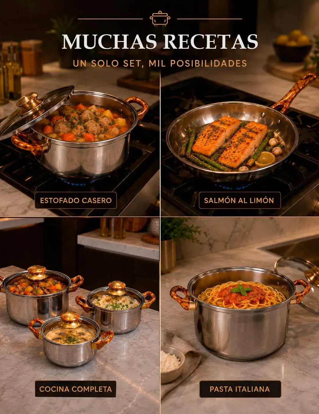 Platos preparados con el set: estofado, salmon, pasta y cocina completa