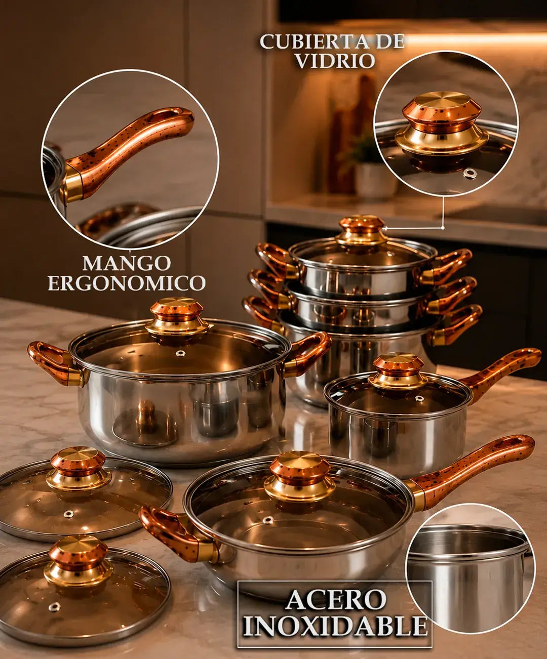 Detalle de la cubierta de vidrio, el mango ergonomico y el acero inoxidable